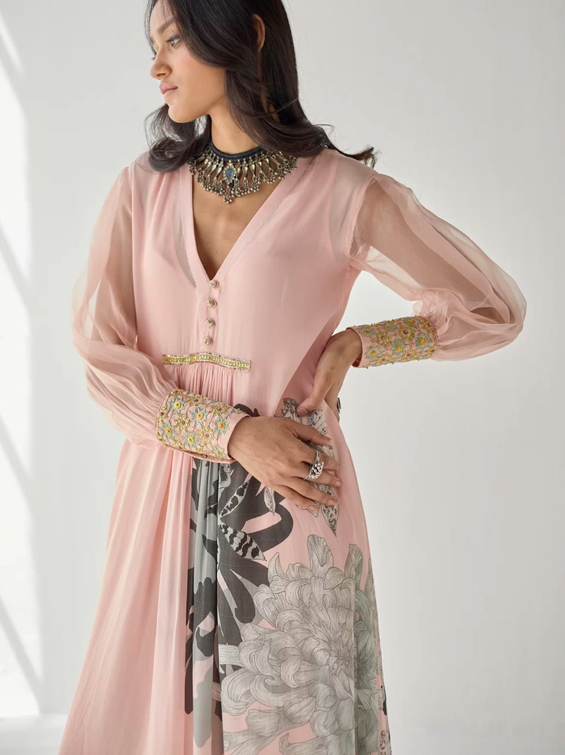 NUDE PINK SIDE FLOWER KURTA SET Kurta Sets by Rajiramniq for women in Singapore