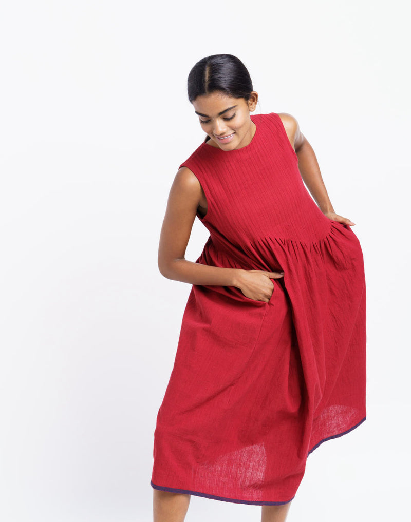 Red pleated midi dress - Red Dress by World of Crow in red color for women in Singapore