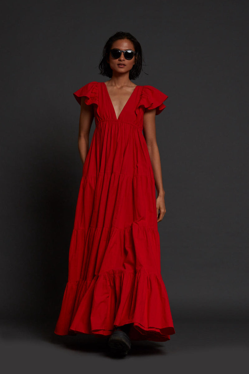 Red Tiered Gown Dress by Mati for women in Singapore