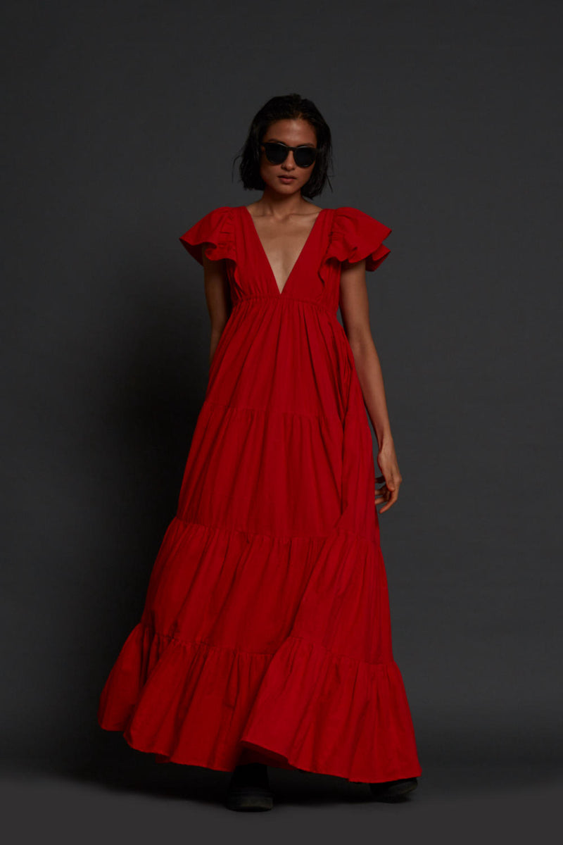 Red Tiered Gown Dress by Mati for women in Singapore