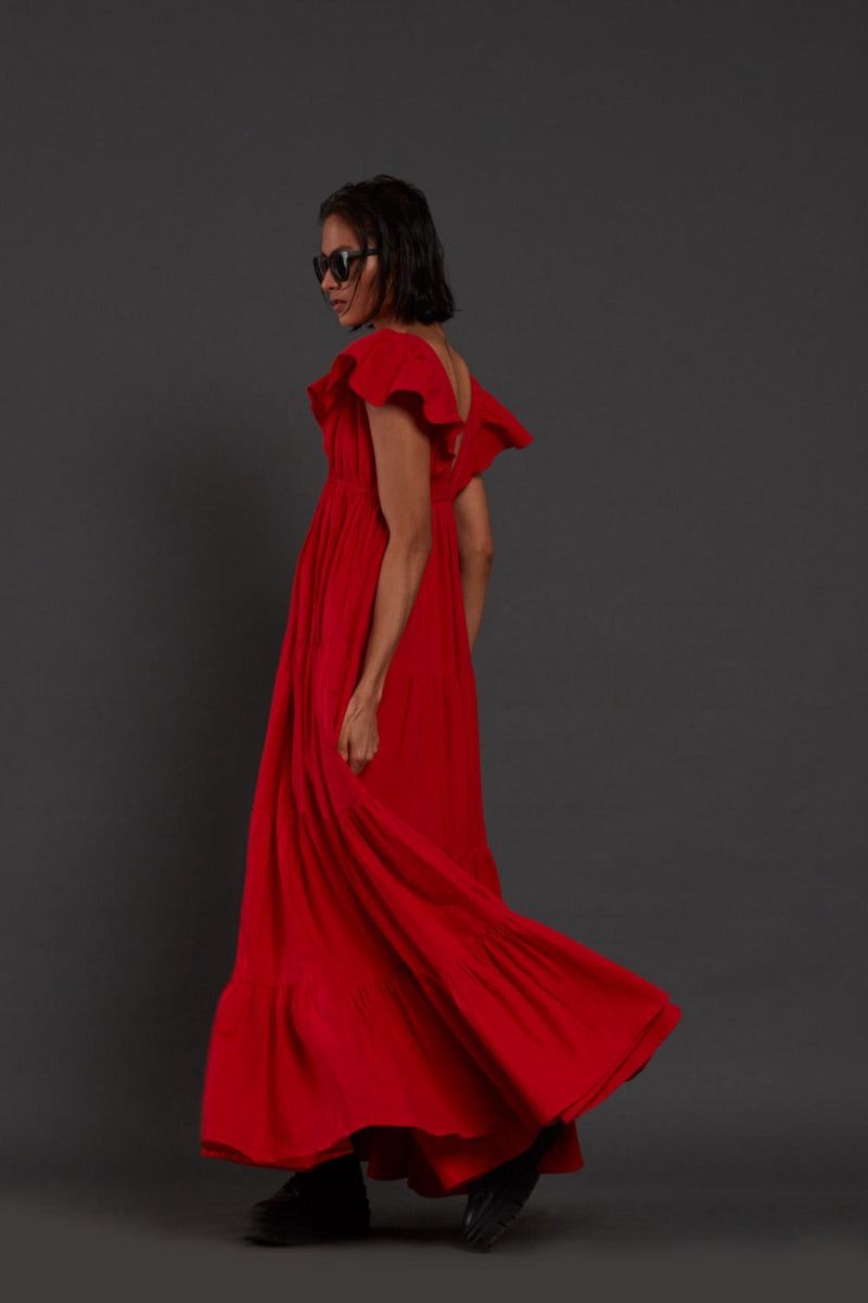 Red Tiered Gown Dress by Mati for women in Singapore
