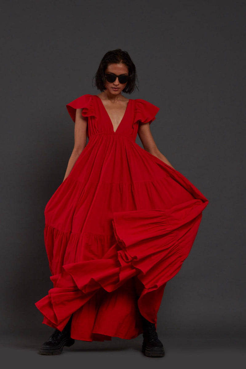 Red Tiered Gown Dress by Mati for women in Singapore