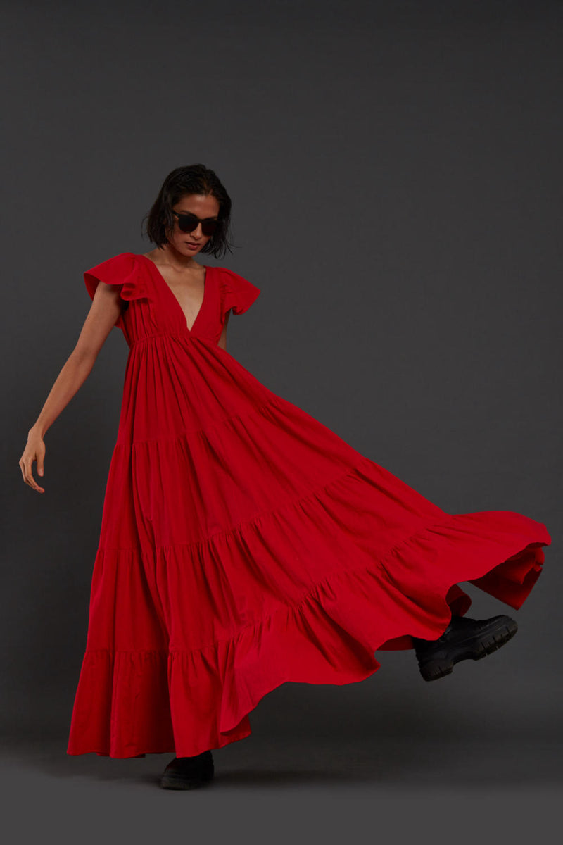 Red Tiered Gown Dress by Mati for women in Singapore