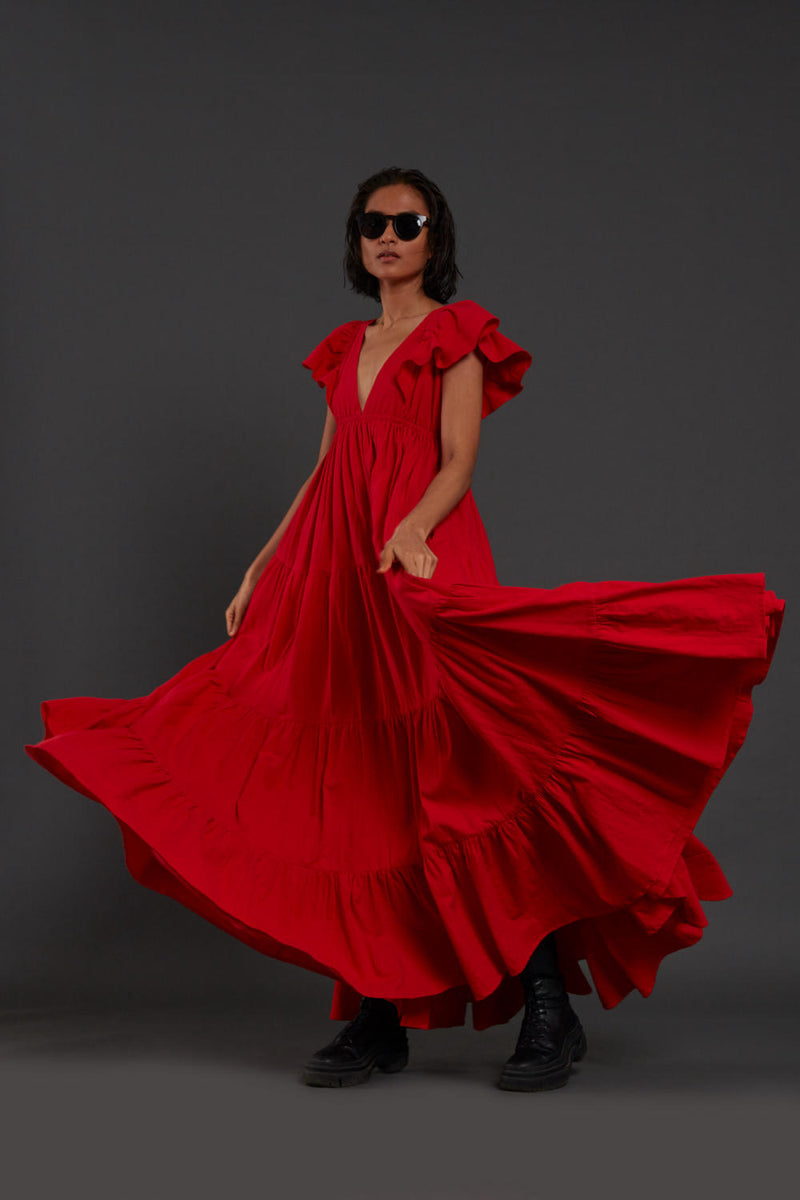 Red Tiered Gown Dress by Mati for women in Singapore