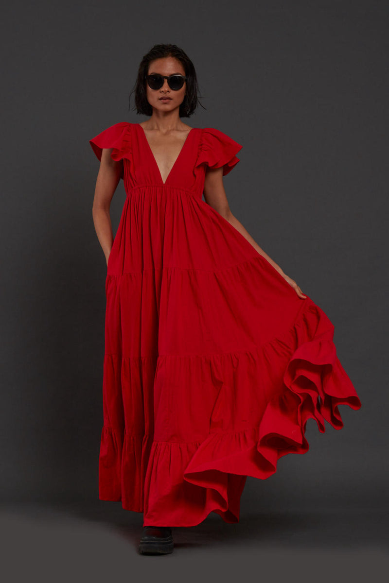 Red Tiered Gown Dress by Mati for women in Singapore