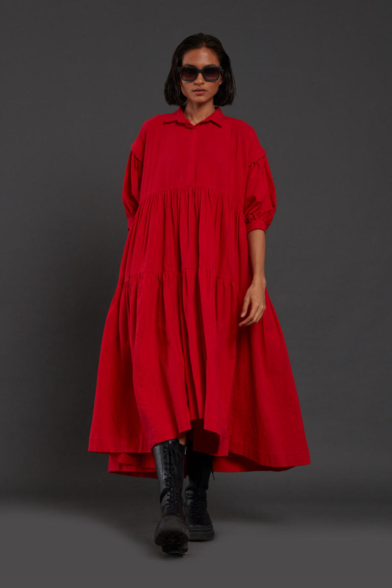 Red Tiered Shirt Dress Dress by Mati for women in Singapore