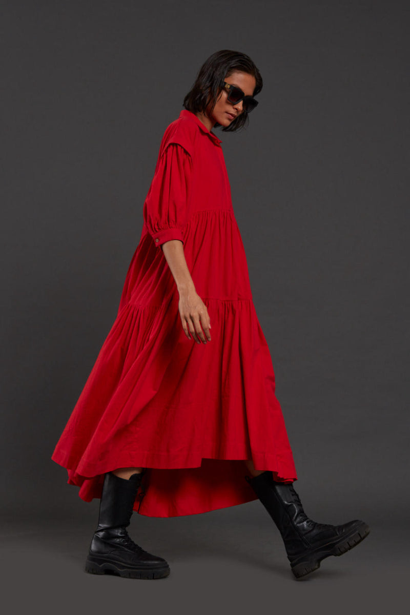 Red Tiered Shirt Dress Dress by Mati for women in Singapore