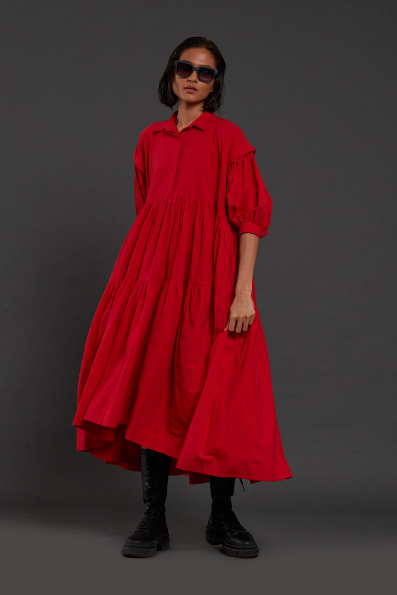 Red Tiered Shirt Dress Dress by Mati for women in Singapore