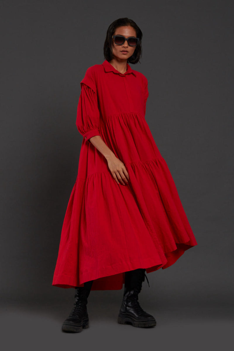 Red Tiered Shirt Dress Dress by Mati for women in Singapore