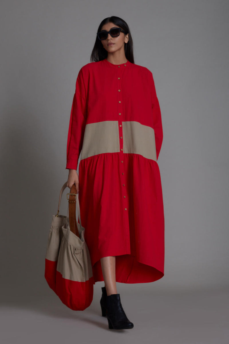 Red & Beige Band Dress Dress by Mati in red color for women in Singapore