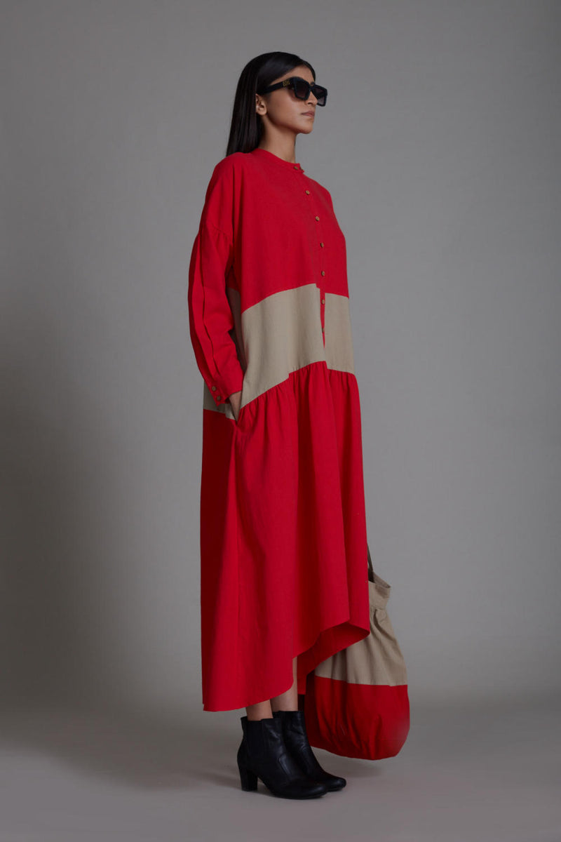 Red & Beige Band Dress Dress by Mati in red color for women in Singapore