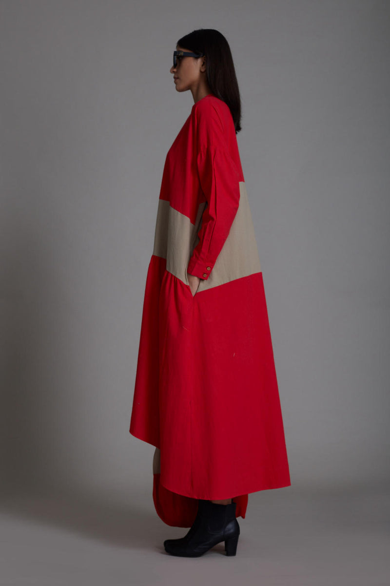 Red & Beige Band Dress Dress by Mati in red color for women in Singapore