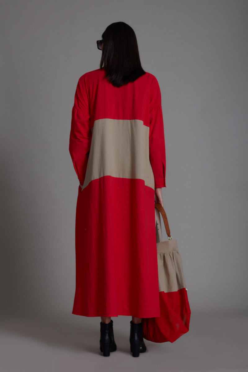 Red & Beige Band Dress Dress by Mati in red color for women in Singapore