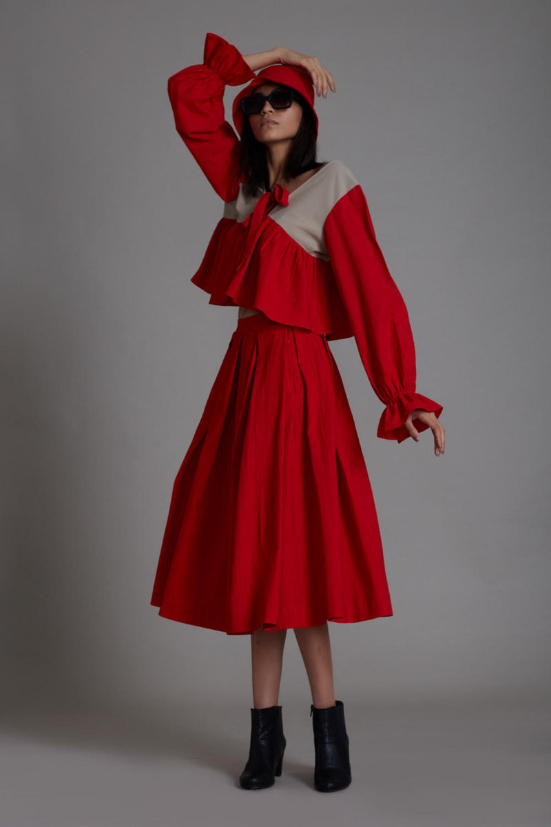 Red & Beige Bow Set Co-ord Set,Skirts,Top & Tunics by Mati for women in Singapore