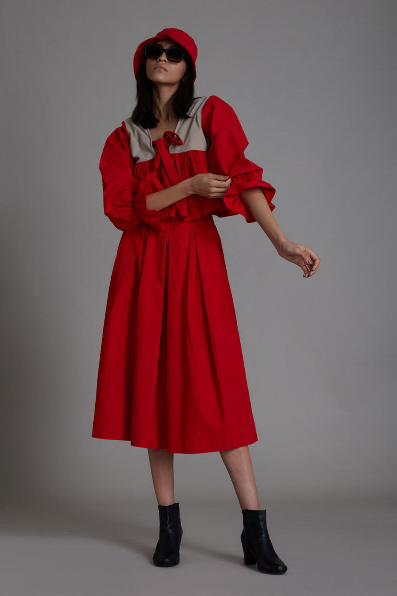 Red & Beige Bow Set Co-ord Set,Skirts,Top & Tunics by Mati for women in Singapore