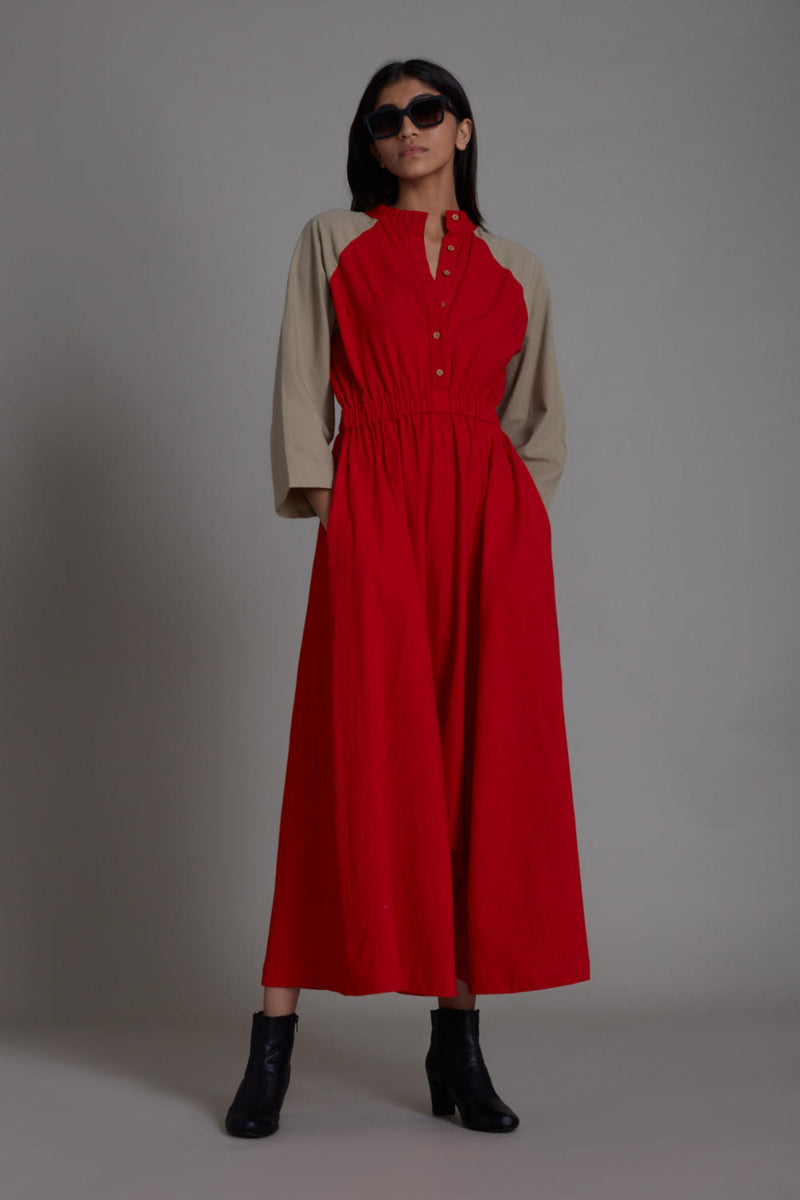 Red & Beige Sphara Jumpsuit Jumpsuits by Mati in red color for women in Singapore