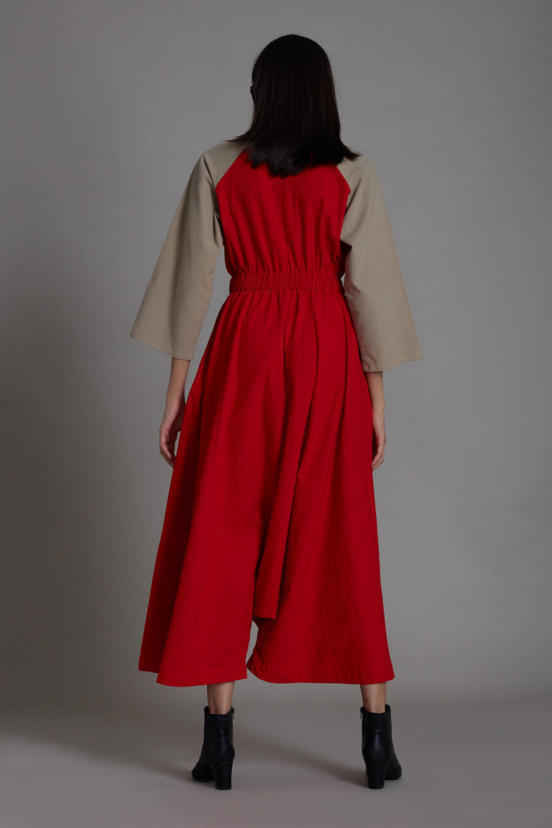 Red & Beige Sphara Jumpsuit Jumpsuits by Mati in red color for women in Singapore