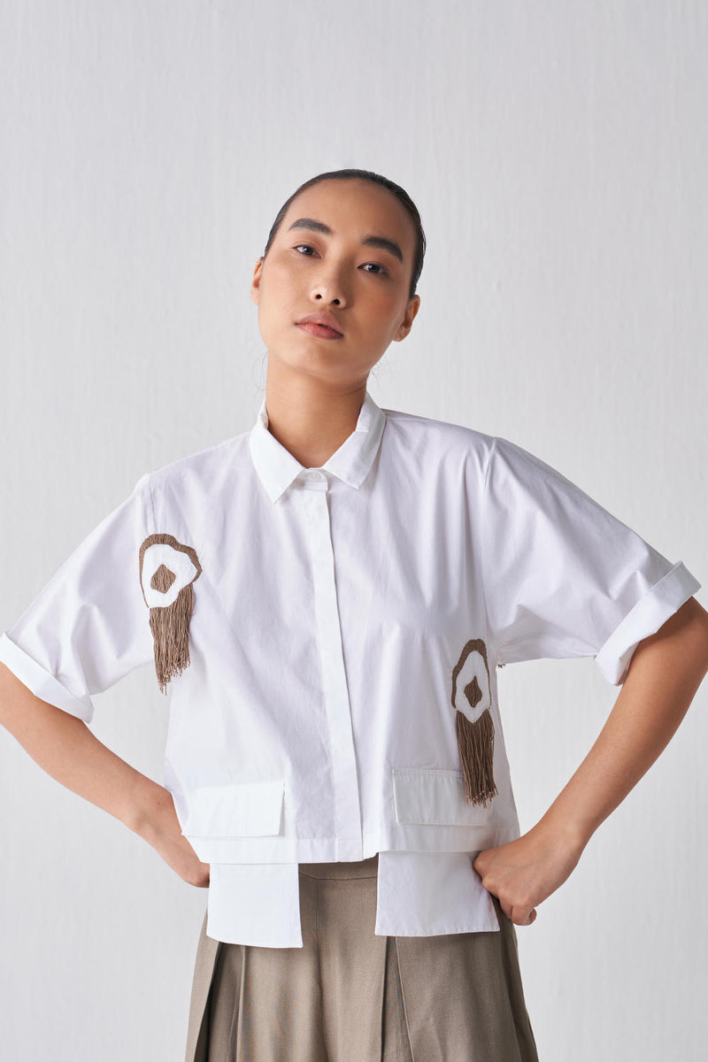 CROP FRINGE TOP CO-ORD Co-ord Set,Top & Tunics,Bottoms by THREE in white color for women in Singapore