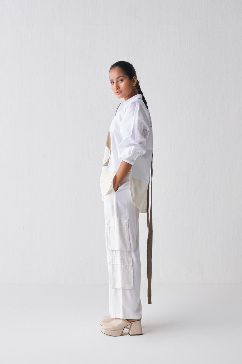 PATCH U HEM SHIRT CO-ORD Co-ord Set,Bottoms,Top & Tunics by THREE in white color for women in Singapore