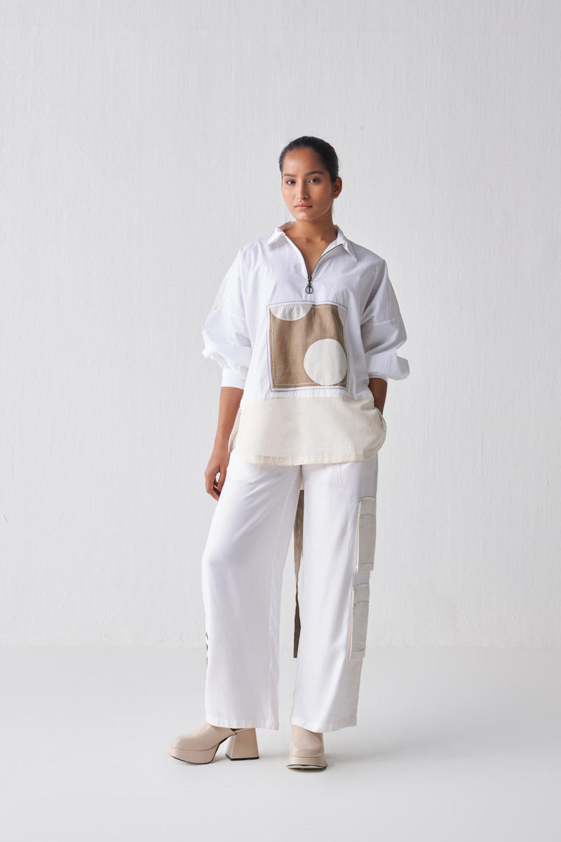PATCH U HEM SHIRT CO-ORD Co-ord Set,Bottoms,Top & Tunics by THREE in white color for women in Singapore