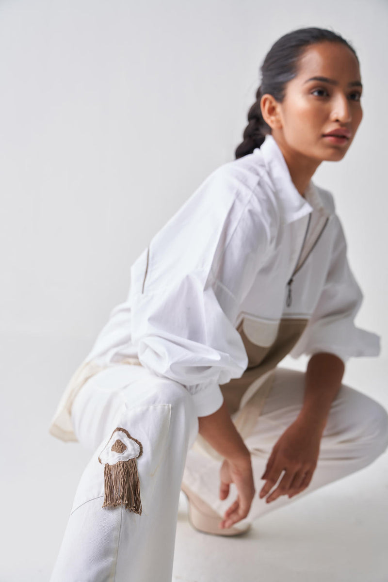 PATCH U HEM SHIRT CO-ORD Co-ord Set,Bottoms,Top & Tunics by THREE in white color for women in Singapore