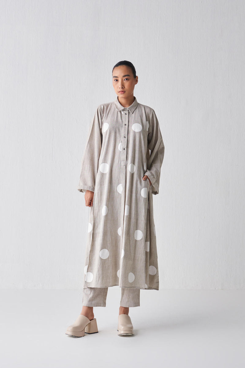 BEIGE PANEL SLIT SHIRT CO-ORD Co-ord Set,Bottoms,Top & Tunics by THREE in beige color for women in Singapore