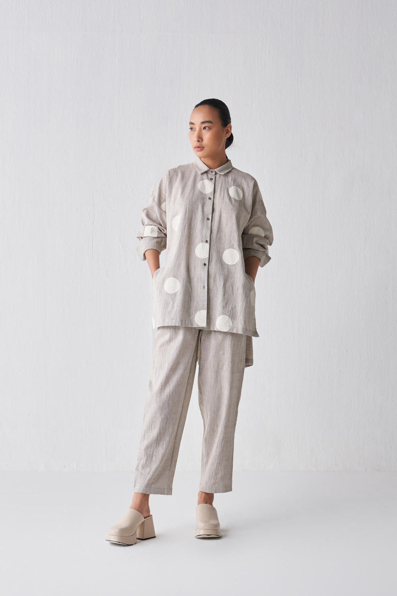 COLLARED BACK PLEAT SHIRT CO-ORD Co-ord Set,Bottoms,Top & Tunics by THREE in beige color for women in Singapore