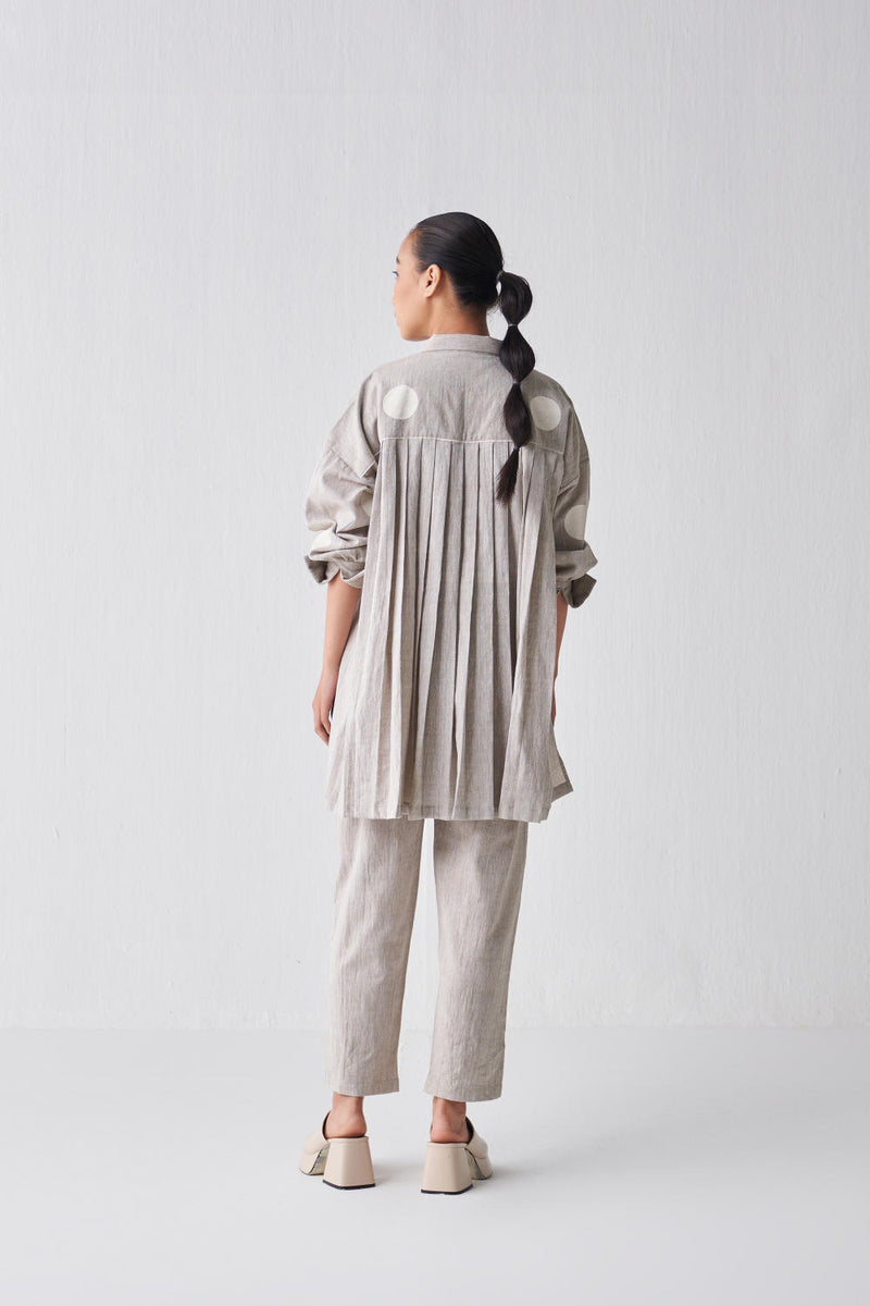 COLLARED BACK PLEAT SHIRT CO-ORD Co-ord Set,Bottoms,Top & Tunics by THREE in beige color for women in Singapore