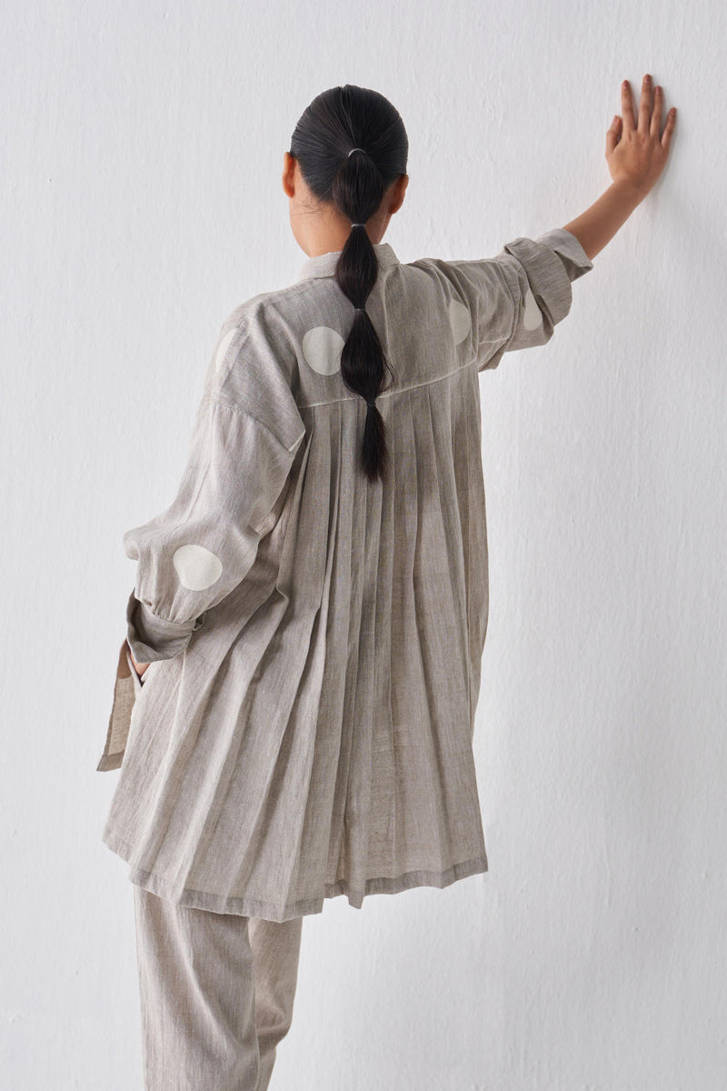 COLLARED BACK PLEAT SHIRT CO-ORD Co-ord Set,Bottoms,Top & Tunics by THREE in beige color for women in Singapore