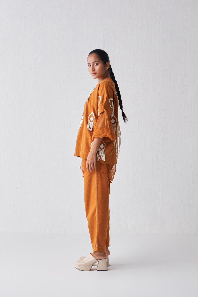 FRINGE LAYERED TOP CO-ORD Co-ord Set by THREE in rust color for women in Singapore