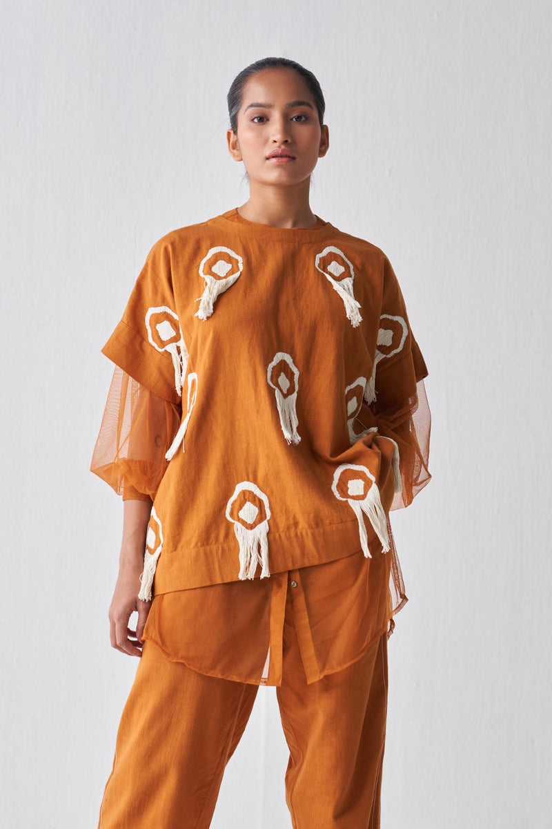 FRINGE LAYERED TOP CO-ORD Co-ord Set by THREE in rust color for women in Singapore