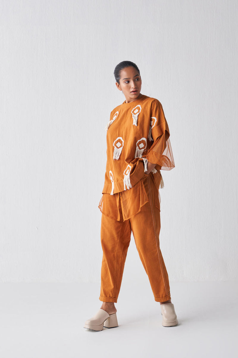 FRINGE LAYERED TOP CO-ORD Co-ord Set by THREE in rust color for women in Singapore
