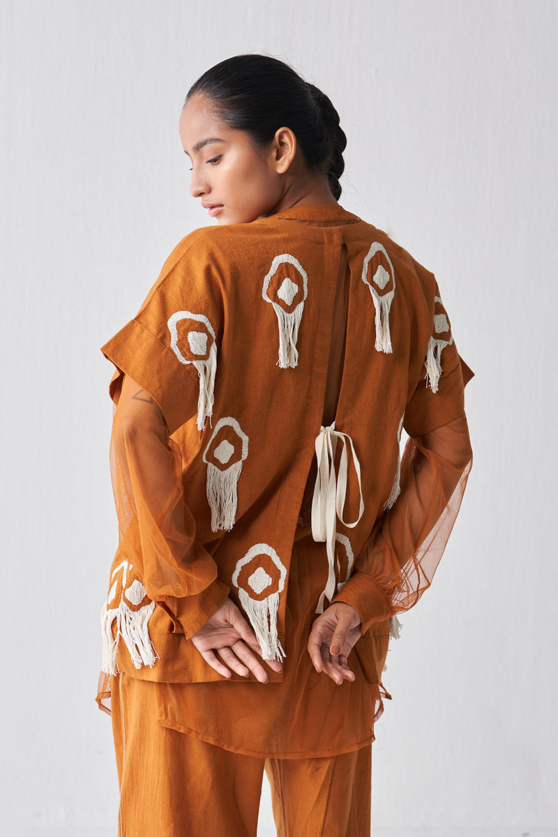 FRINGE LAYERED TOP CO-ORD Co-ord Set by THREE in rust color for women in Singapore