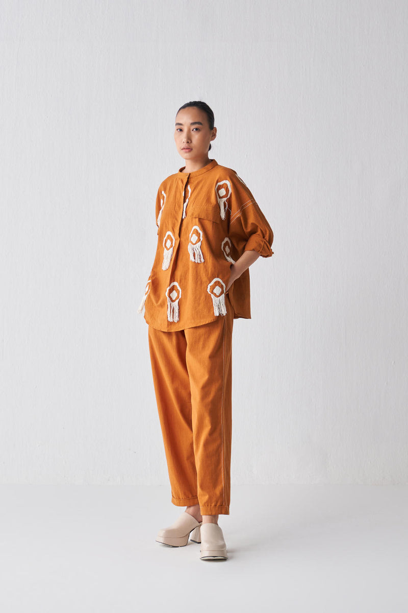 FRINGE BAT SLEEVE TOP CO-ORD Co-ord Set by THREE in rust color for women in Singapore