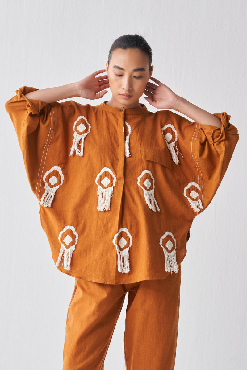 FRINGE BAT SLEEVE TOP CO-ORD Co-ord Set by THREE in rust color for women in Singapore