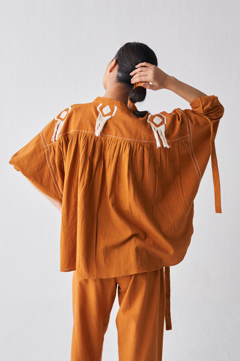 FRINGE BAT SLEEVE TOP CO-ORD Co-ord Set by THREE in rust color for women in Singapore