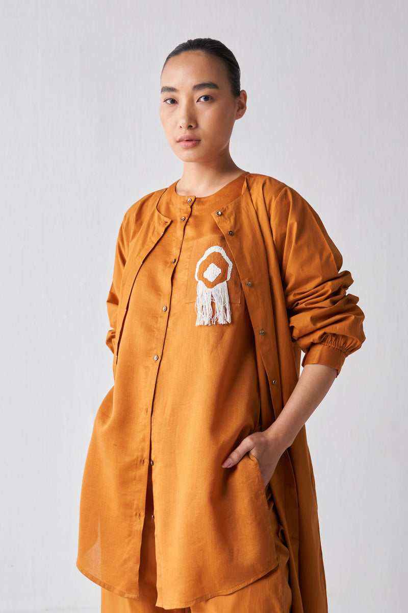 FRINGE SHIRT CO-ORD (SET OF 3) Co-ord Set,Top & Tunics by THREE in rust color for women in Singapore