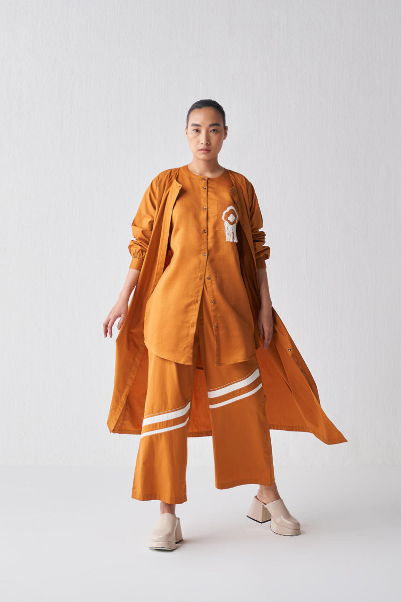 FRINGE SHIRT CO-ORD (SET OF 3) Co-ord Set,Top & Tunics by THREE in rust color for women in Singapore