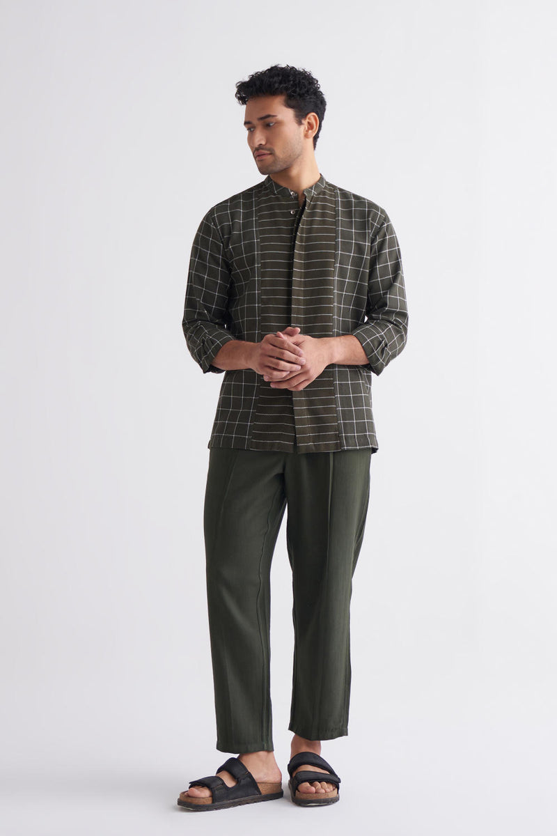 Band Collar Applique Shirt Co-ord- olive Co-ord Set by THREE Men for men in Singapore