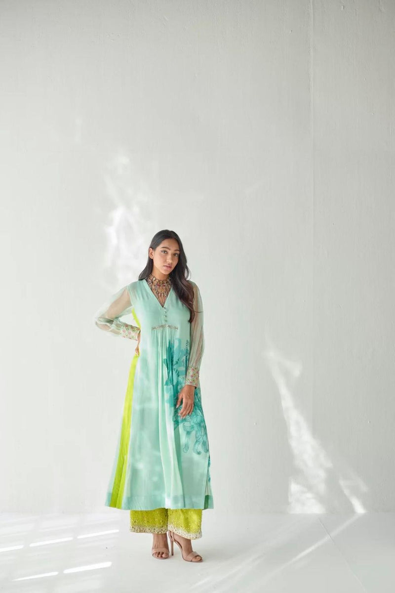 SEA GREEN SIDE FLOWER KURTA SET Kurta Sets by Rajiramniq for women in Singapore