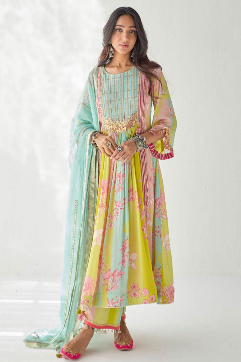 LIME YELLOW ORCHID FRONT PUCKERING YOKE KURTA SET Kurta Sets by Rajiramniq for women in Singapore