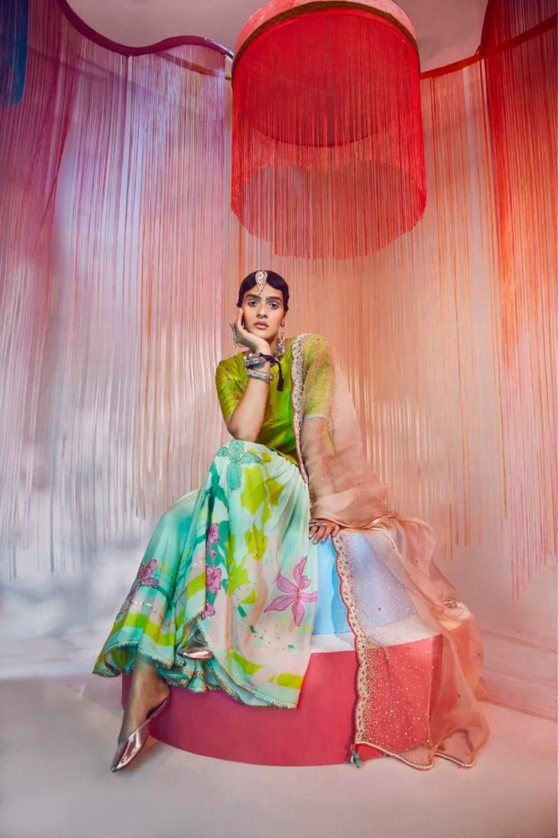 BRIGHT GREEN ORCHID GHARARA SET Kurta Sets by Rajiramniq for women in Singapore