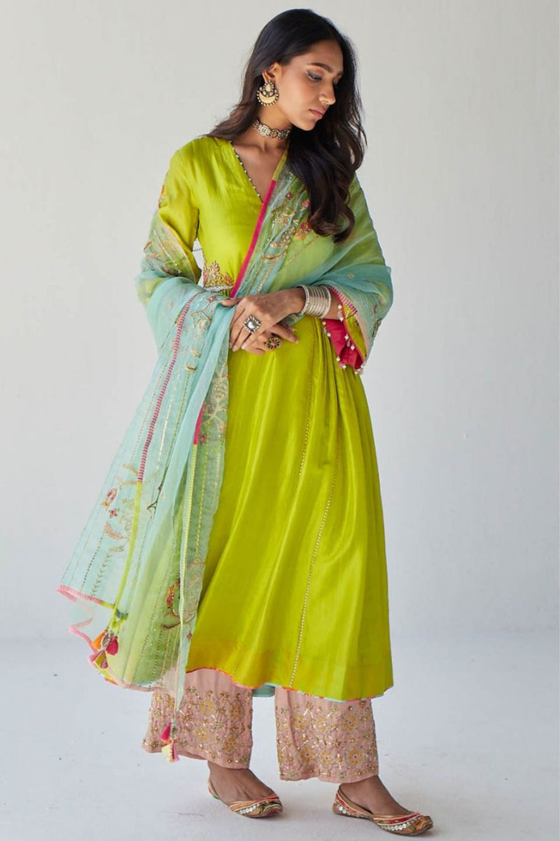 BRIGHT GREEN SIDE KALI KURTA SET Kurta Sets by Rajiramniq for women in Singapore