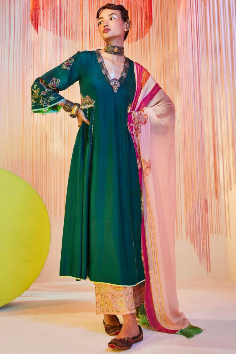TEAL GREEN SIDE KALI KURTA SET Kurta Sets by Rajiramniq for women in Singapore