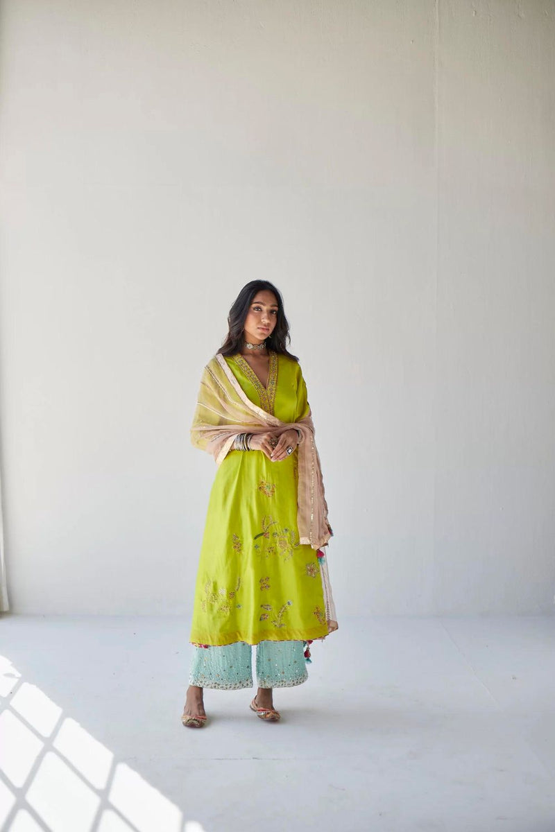 LIME GREEN JAAL SILK KURTA SET Kurta Sets by Rajiramniq for women in Singapore