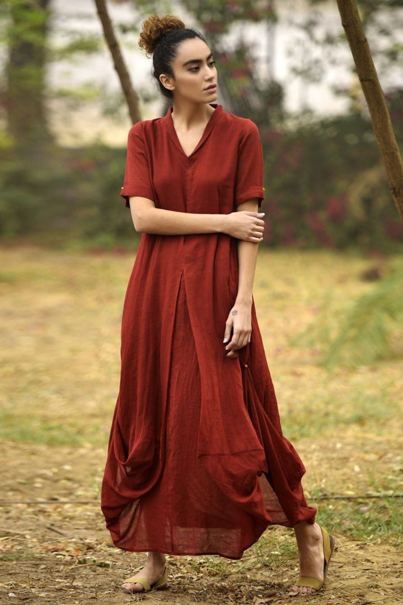 DEEP RED LOVE COWL AND DRAPE DRESS Dress by Khara Kapas in red for women in Singapore