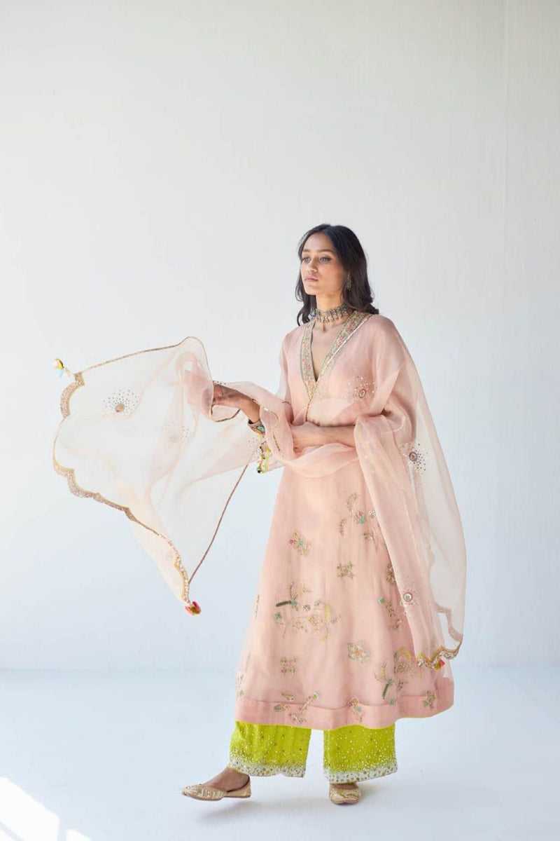 NUDE PINK JAAL ORGANZA KURTA SET Kurta Sets by Rajiramniq for women in Singapore