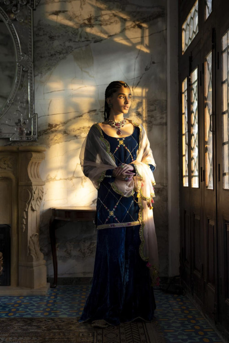 Fariba Blue Silk Velvet Sharara Set Kurta Sets by Rajiramniq for women in Singapore