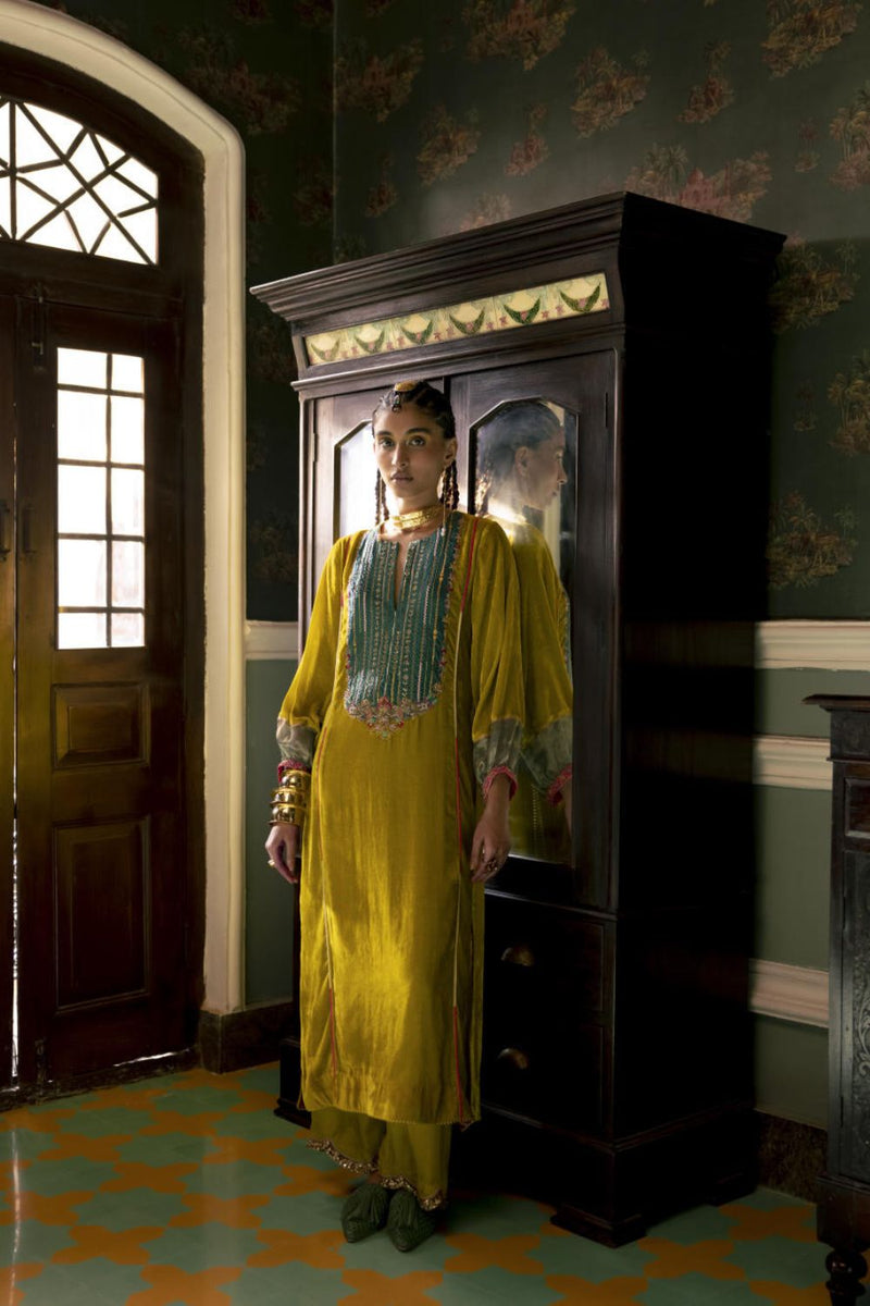 Fariba Lime Yellow Velvet Back Pleat Yoke Kurta Set Kurta Sets by Rajiramniq for women in Singapore