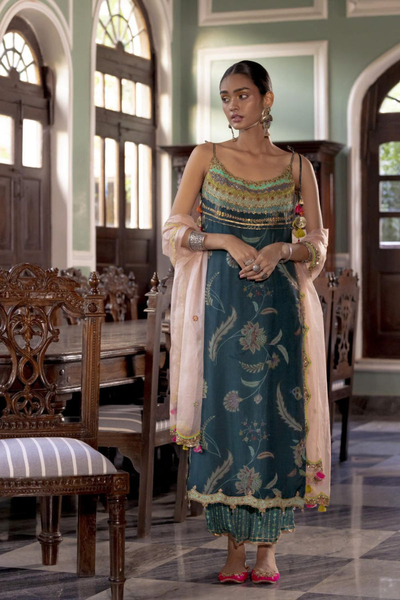 Fariba Teal Organza Kurta Set Kurta Sets by Rajiramniq for women in Singapore